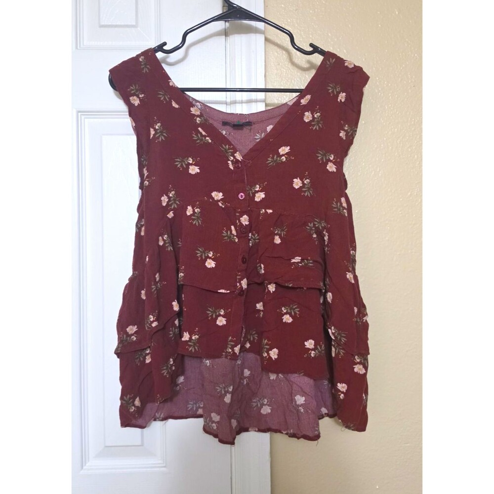 American Eagle Burgundy Floral V-Neck Sleeveless Ruffle Blouse Top Petite PS
